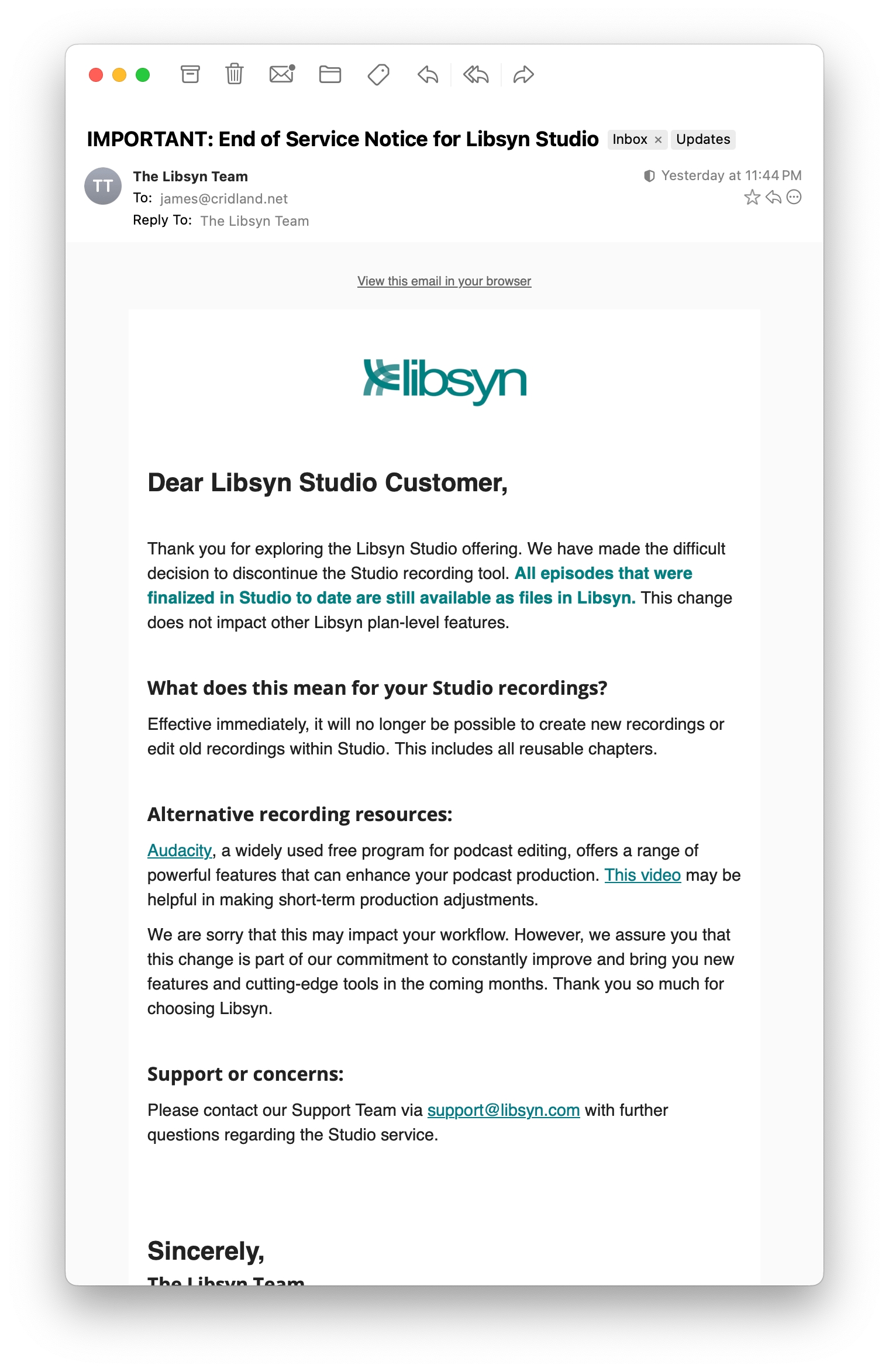 End of Service Notice for Libsyn Studio